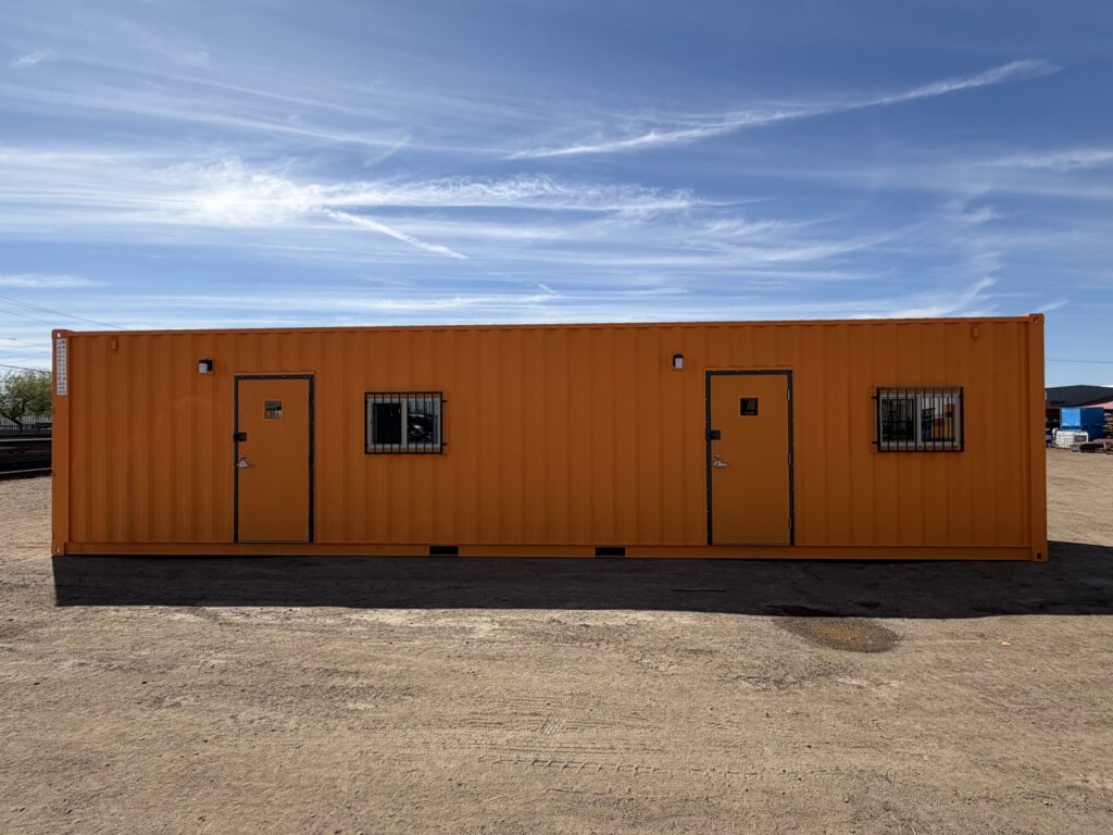 40 foot container all office, front view with two doors and two barred windows