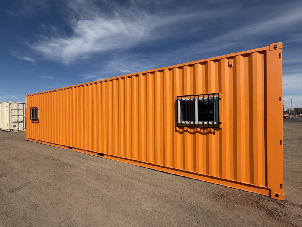 40 foot container all office, angled side view with barred window