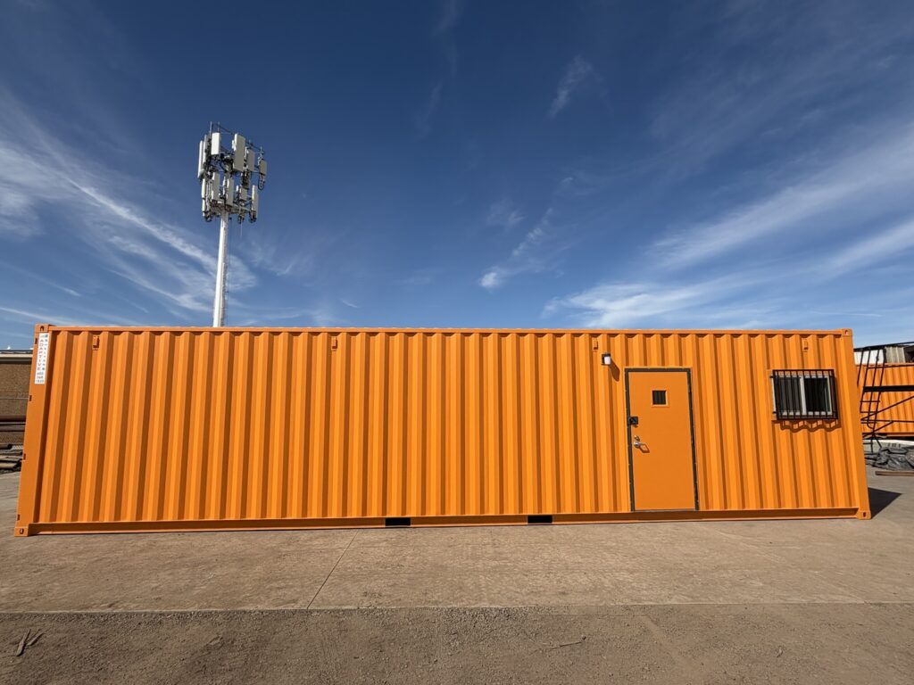 40 foot container office and storage combo, front view with office door and barred window