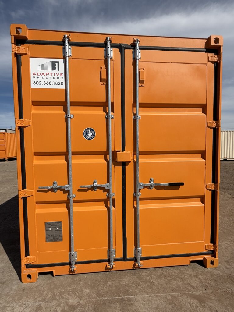 Storage end of a 40 foot office and storage combo with cargo doors